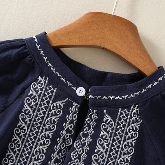 M-2XL スタンドネック フェミニン レトロ 刺繍 長袖 シャツ M ネイビー