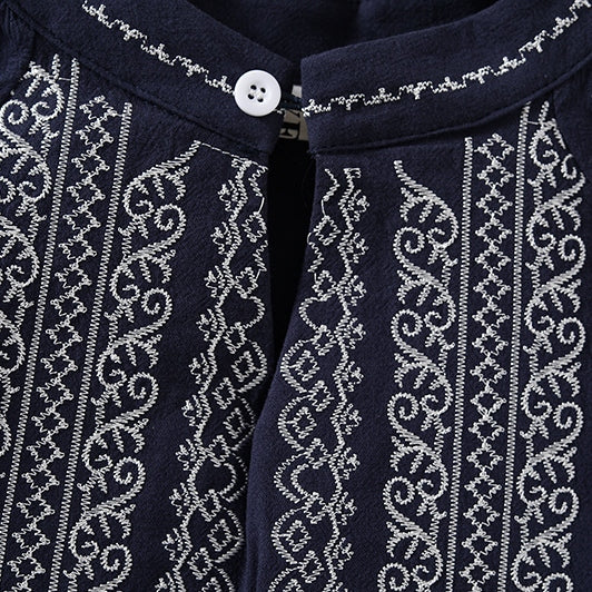 M-2XL スタンドネック フェミニン レトロ 刺繍 長袖 シャツ M ネイビー