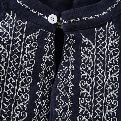 M-2XL スタンドネック フェミニン レトロ 刺繍 長袖 シャツ M ネイビー