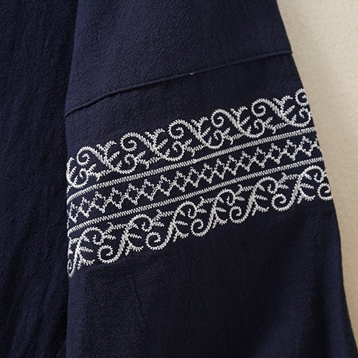 M-2XL スタンドネック フェミニン レトロ 刺繍 長袖 シャツ M ネイビー