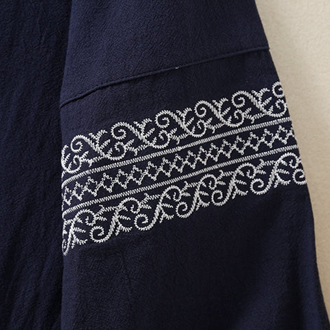 M-2XL スタンドネック フェミニン レトロ 刺繍 長袖 シャツ M ネイビー