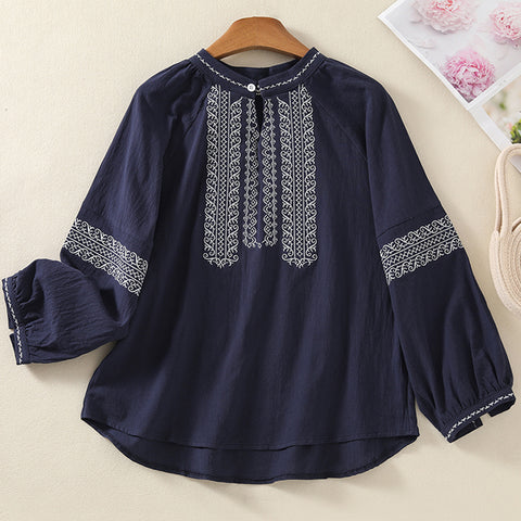 M-2XL スタンドネック フェミニン レトロ 刺繍 長袖 シャツ 2XL ネイビー