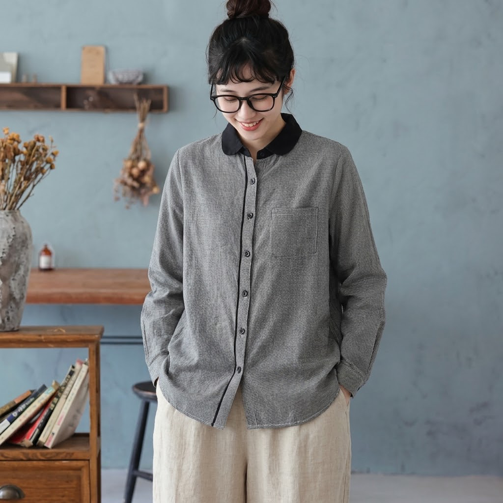 M-2XL 人気上昇中 長袖 折り襟 シングルブレスト レトロ シャツ 2XL 千鳥柄