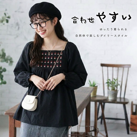 S-XL 流行の予感 無地 ノーマルスリーブ 花模様 長袖 刺繍 レトロ シャツ S ブラック
