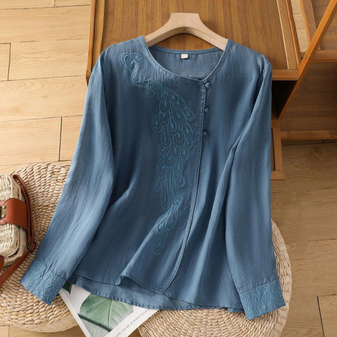 M-2XL チャイナ風 刺繍 ゆったり 体型カバー スルーシーズン きれいめ 長袖 シャツ M ピンク