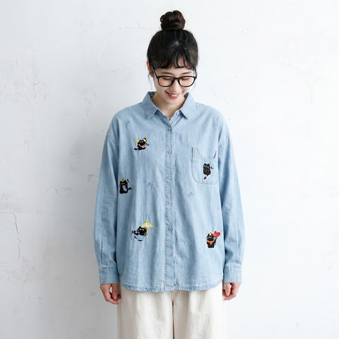 動物柄 刺繍 森ガール 折り襟 シングルブレスト 長袖 シャツ フリー 写真と同じ