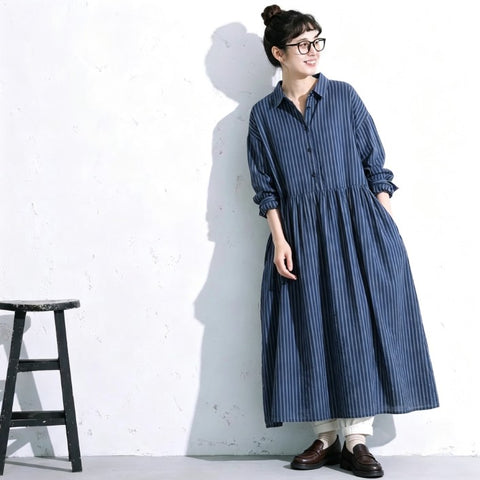 M-2XL ストライプ柄 エーライン シーズン移行向け 長袖 ワンピース M ブルー