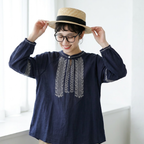 M-2XL スタンドネック フェミニン レトロ 刺繍 長袖 シャツ M ネイビー