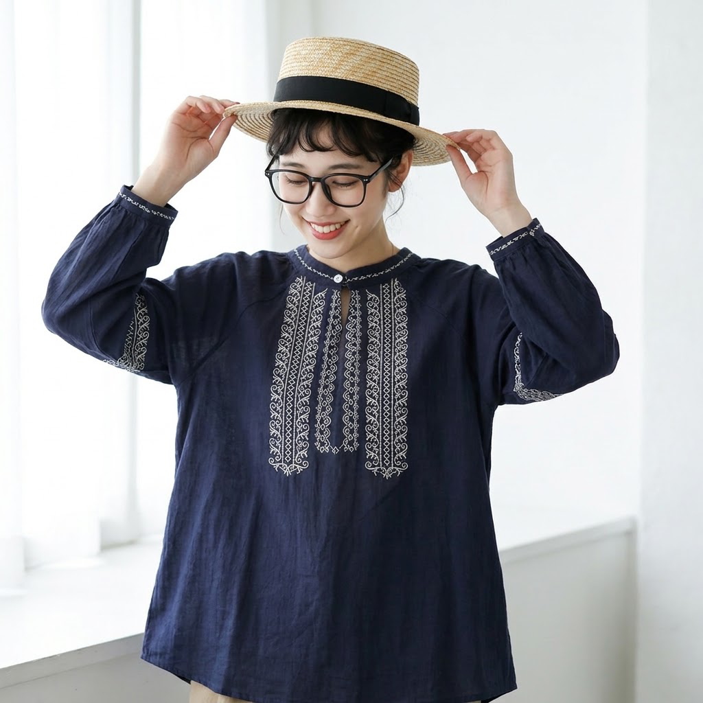 M-2XL スタンドネック フェミニン レトロ 刺繍 長袖 シャツ M ネイビー