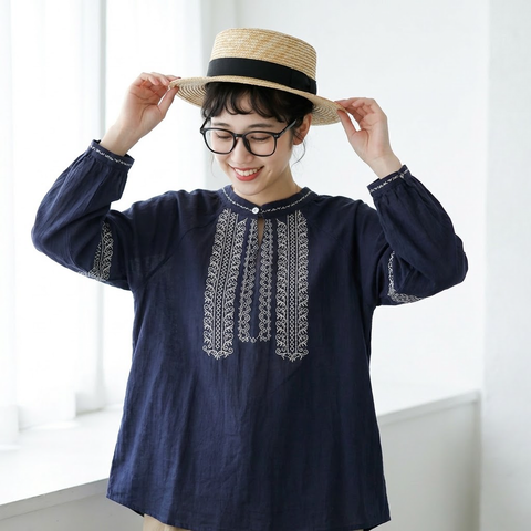 M-2XL スタンドネック フェミニン レトロ 刺繍 長袖 シャツ M ネイビー