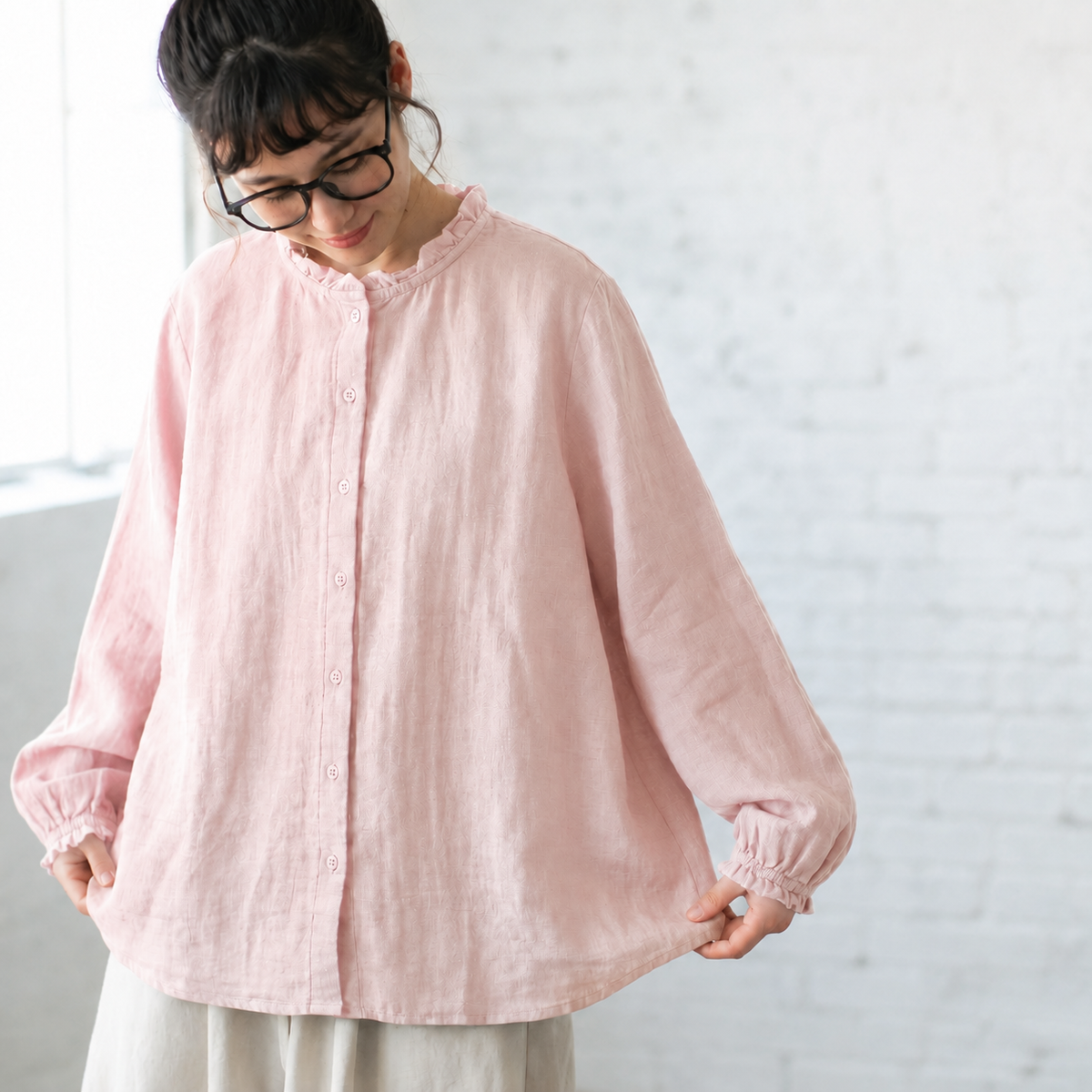 M-L 抜け感たっぷり 大人のダブルガーゼブラウス L ピンク