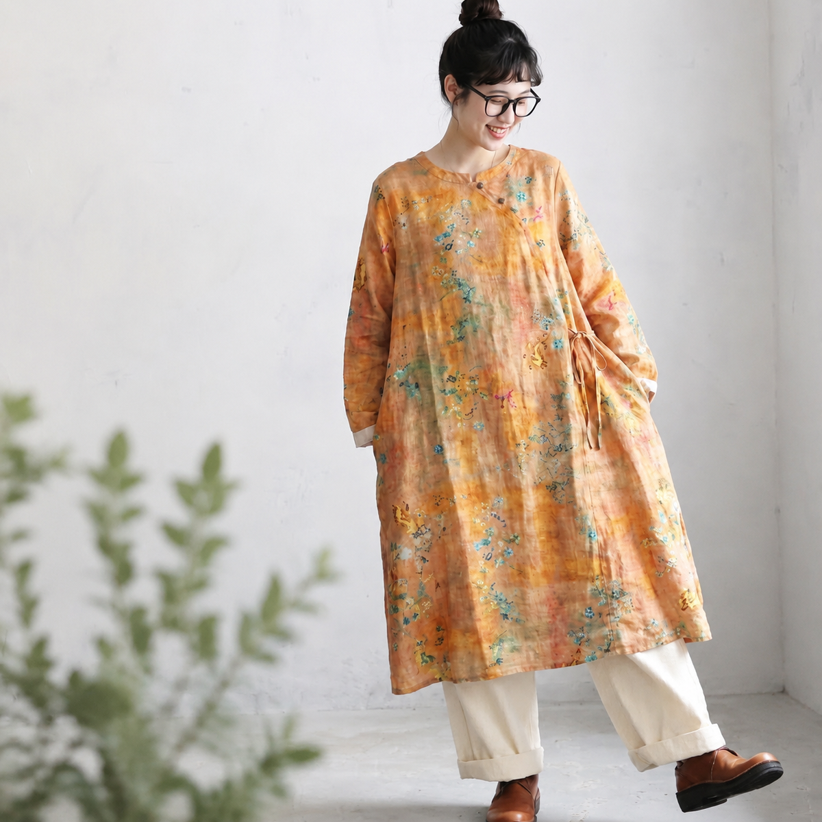 M-2XL 秋のひととき 綿麻総柄ワンピース M イエロー