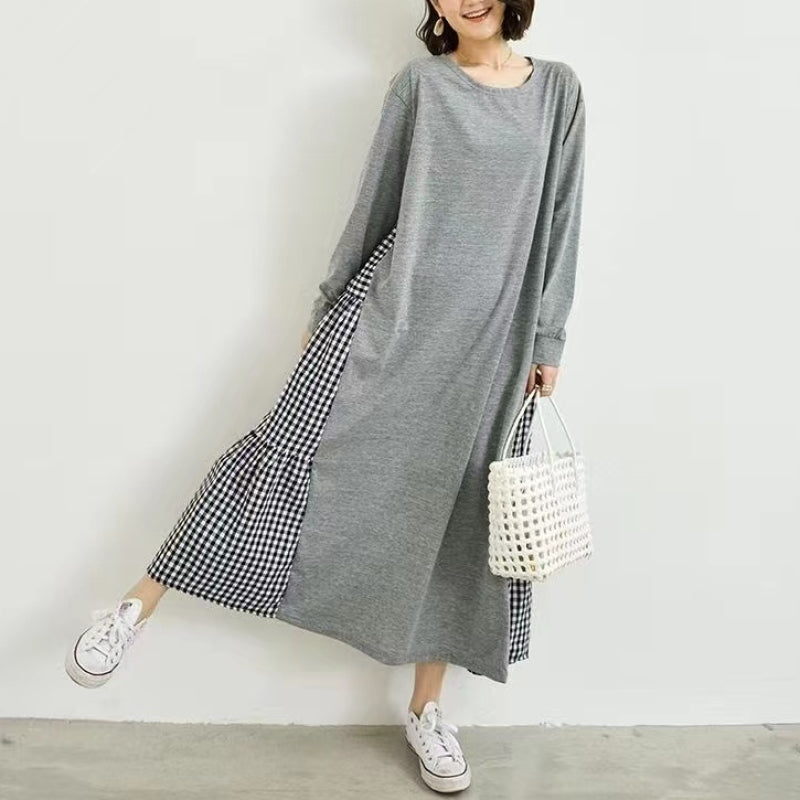 【コットン】F テクスチャ 上品見え 柔らかい ナチュラル 切り替え 長袖 ワンピース フリー グレー