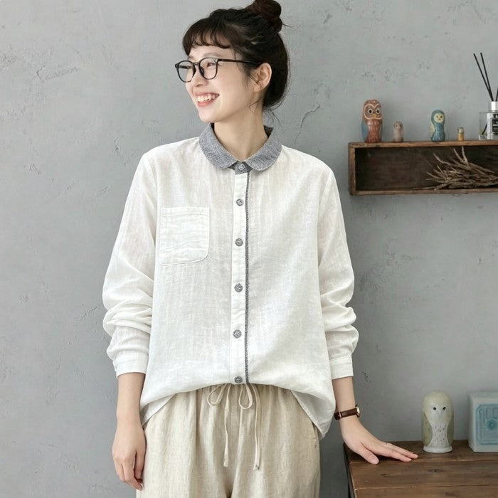 SML きれいめ 肌寒い日向け 体型カバー ロングスリーブ シャツ L ホワイト