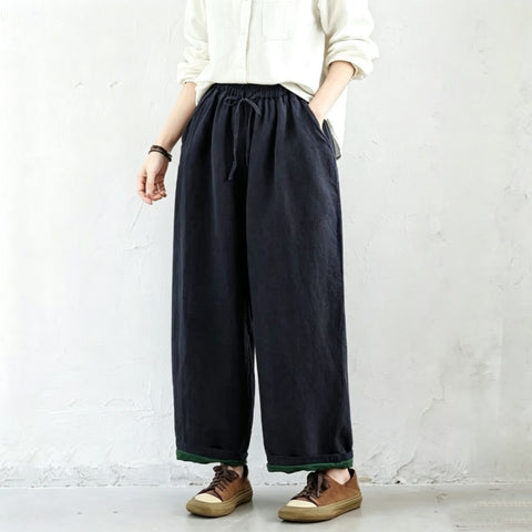 M-2XL 綿麻 ナチュラル 配色 カジュアルパンツ M ブラック
