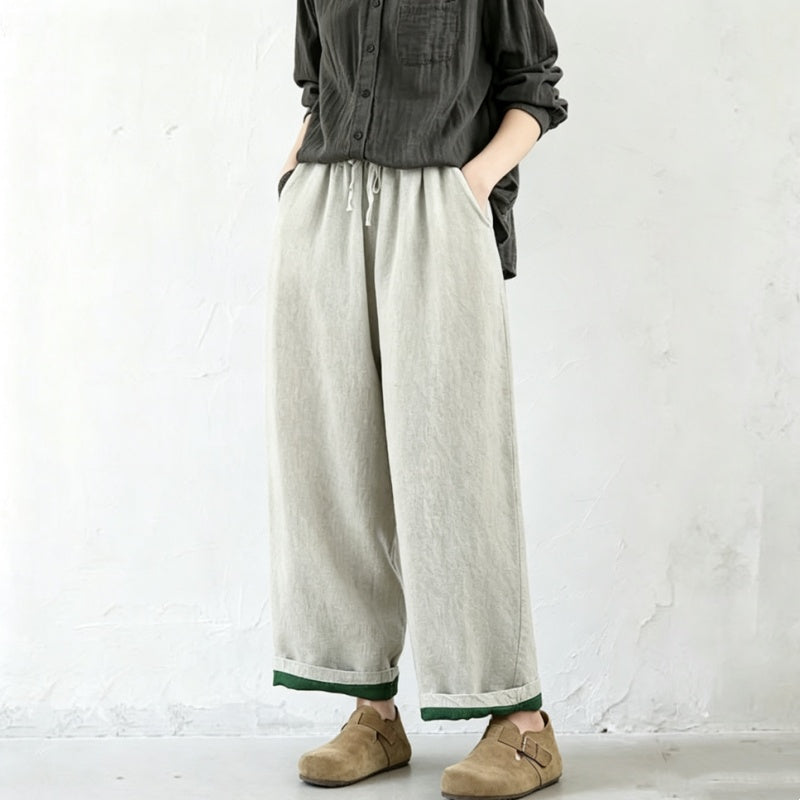 M-2XL 綿麻 ナチュラル 配色 カジュアルパンツ M ブラック