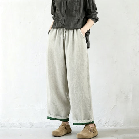 M-2XL 綿麻 ナチュラル 配色 カジュアルパンツ M ブラック