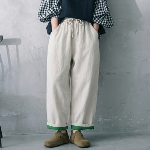 M-2XL 綿麻 ナチュラル 配色 カジュアルパンツ M ブラック