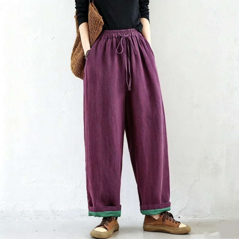 M-2XL 綿麻 ナチュラル 配色 カジュアルパンツ 2XL ダークパープル