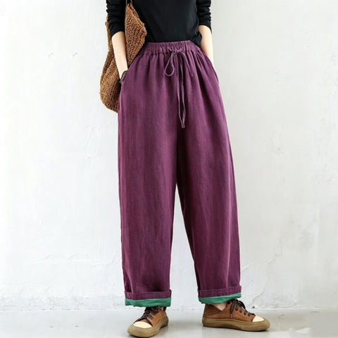 M-2XL 綿麻 ナチュラル 配色 カジュアルパンツ 2XL ダークパープル