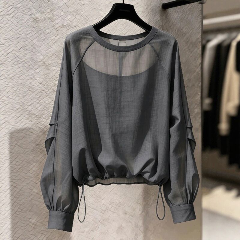 S-2XL ふんわり透け感 長袖ブラウス S グレー