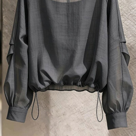 S-2XL ふんわり透け感 長袖ブラウス S グレー