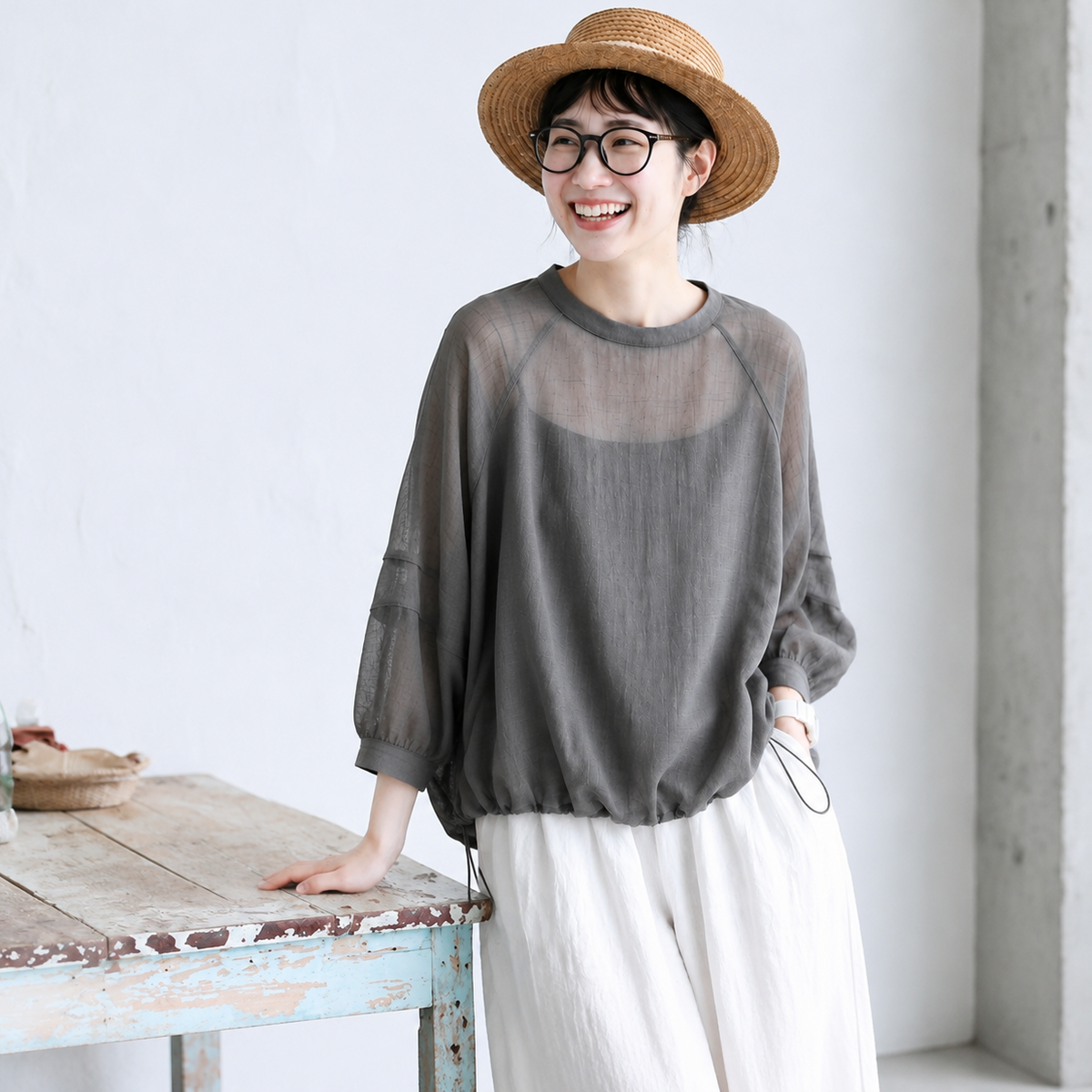 S-2XL ふんわり透け感 長袖ブラウス S グレー