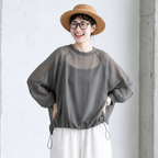 S-2XL ふんわり透け感 長袖ブラウス S グレー