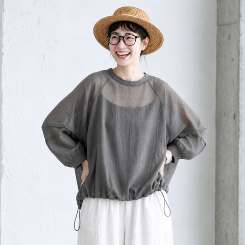 S-2XL ふんわり透け感 長袖ブラウス S グレー