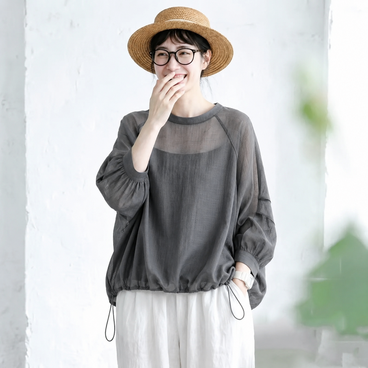 S-2XL ふんわり透け感 長袖ブラウス S グレー