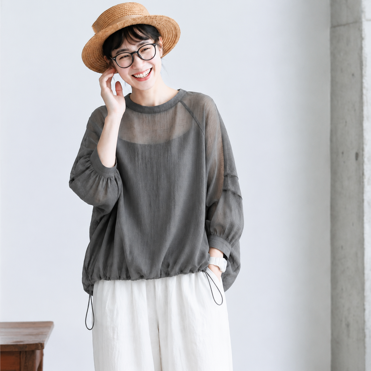 S-2XL ふんわり透け感 長袖ブラウス S グレー