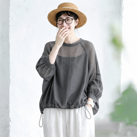 S-2XL ふんわり透け感 長袖ブラウス 2XL グレー