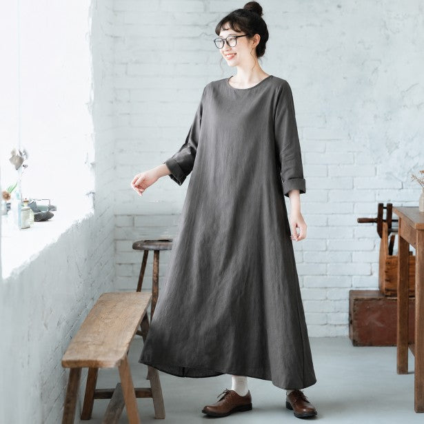 L-3XL 厚み感 体型カバー ロング丈 長袖ワンピース L 写真通り