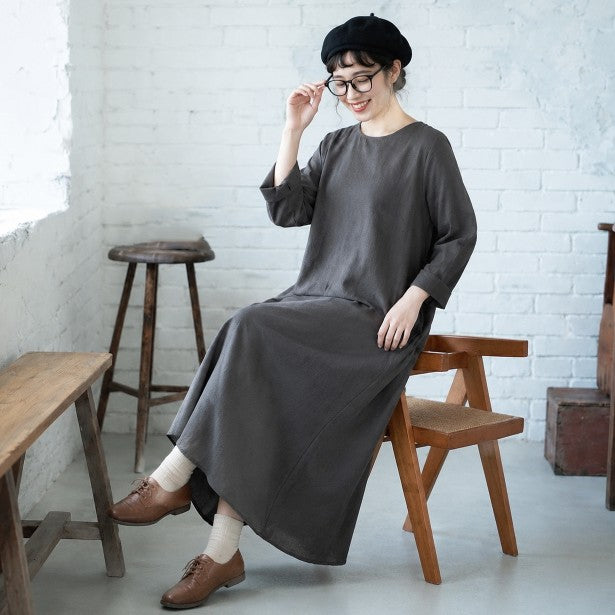 L-3XL 厚み感 体型カバー ロング丈 長袖ワンピース L 写真通り