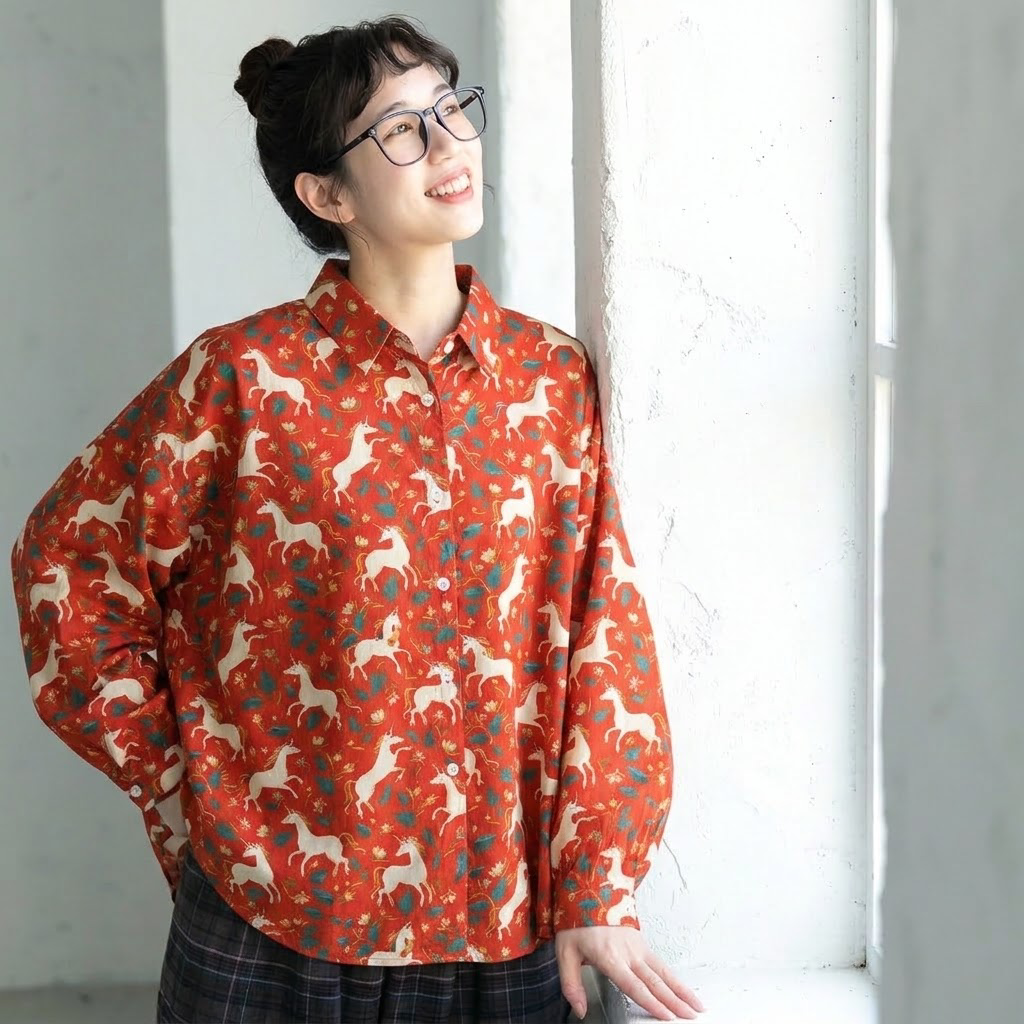 L-XL ほのかな柄が可愛いポニープリントブラウス L ダークグリーン