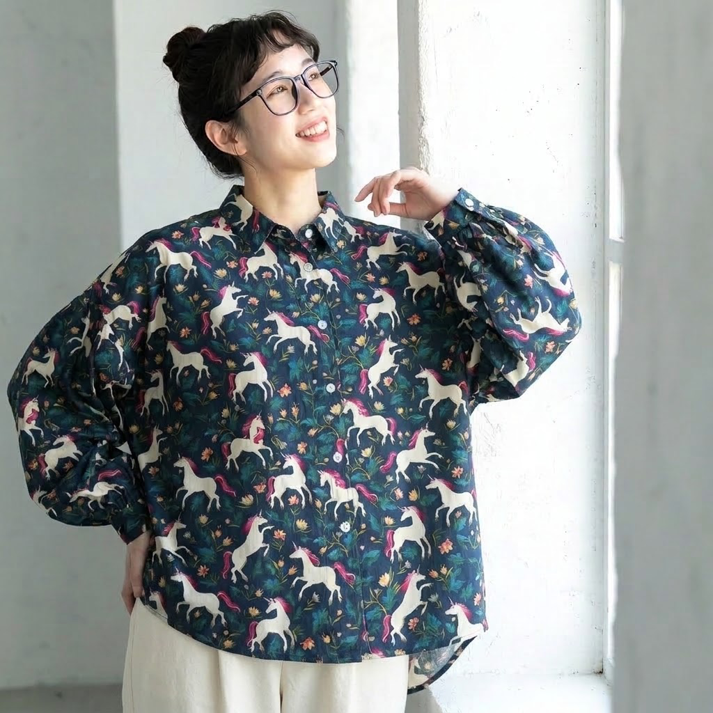 L-XL ほのかな柄が可愛いポニープリントブラウス L ダークグリーン