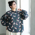 L-XL ほのかな柄が可愛いポニープリントブラウス L ダークグリーン