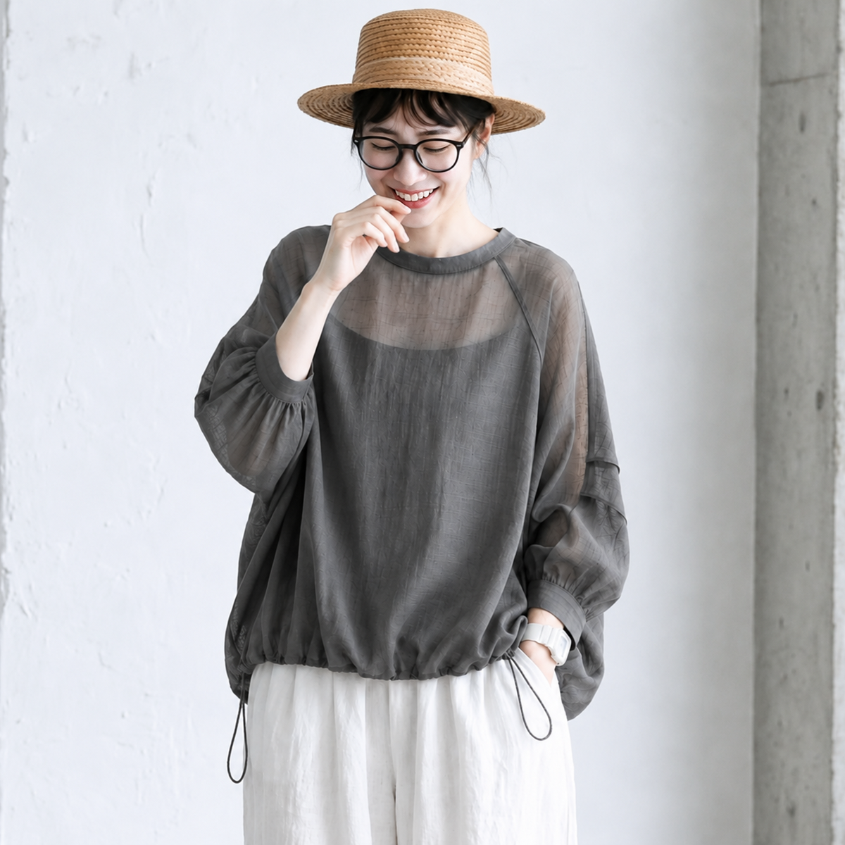 S-2XL ふんわり透け感 長袖ブラウス S グレー