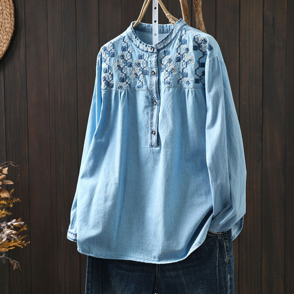 M-2XL コットン 花模様 ラウンドネック 刺繍 ノーマルスリーブ 長袖 シャツ M ライトブルー