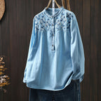 M-2XL コットン 花模様 ラウンドネック 刺繍 ノーマルスリーブ 長袖 シャツ M ライトブルー