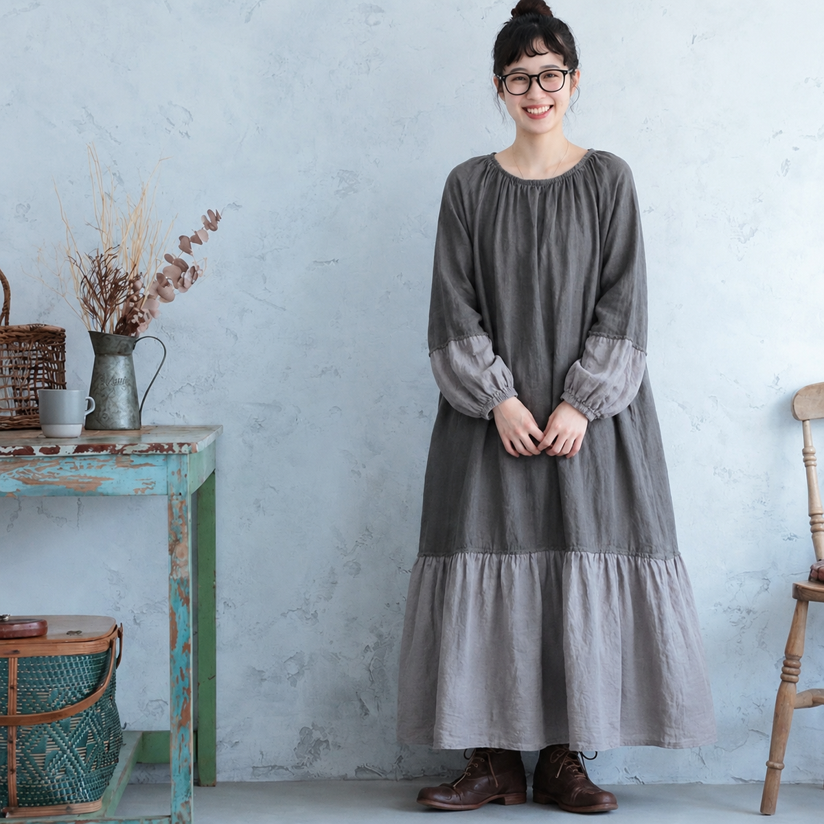 配色 長袖 ラウンドネック レトロ ワンピース フリー グレー