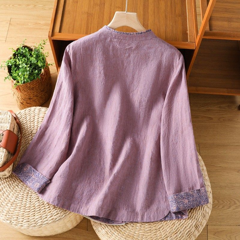 M-2XL 晩秋向け チャイナ風 スタンドカラー ロングスリーブ シャツ M ダークパープル