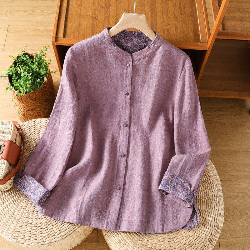 M-2XL 晩秋向け チャイナ風 スタンドカラー ロングスリーブ シャツ M ダークパープル