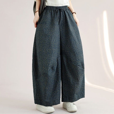 M-2XL 履き飽きない「新感覚」シンプル ナチュラル チェック柄 ガウチョパンツ M ダークブルー
