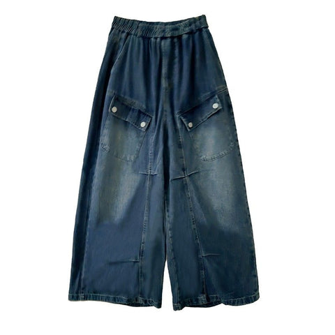 M-2XL  切り替え 無地 ポケット付き ロング丈 ボタン  ジーンズ M ブラック