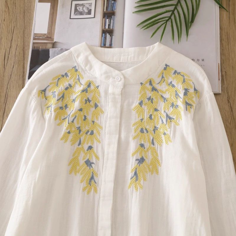 M-2XL 刺繍 花模様 ボタン 長袖 清新 女っぽさが漂う シャツ M ホワイト