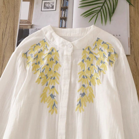 M-2XL 刺繍 花模様 ボタン 長袖 清新 女っぽさが漂う シャツ M ホワイト