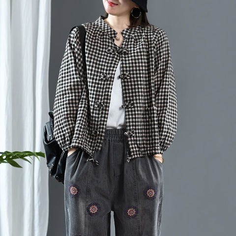 S-XL 綿麻 チェック柄 長袖 ランタンスリーブ ボタン レトロ シャツ XL ブラック