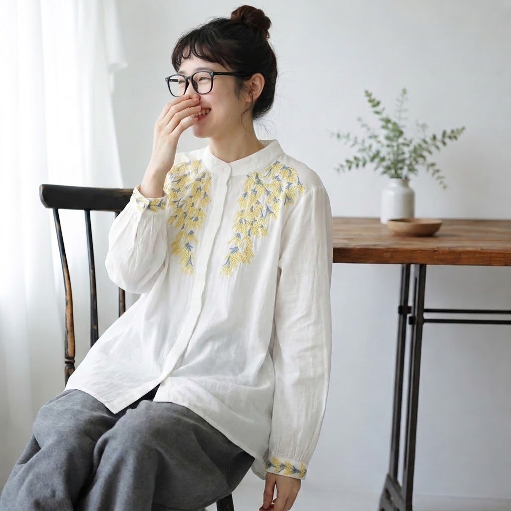 M-2XL 刺繍 花模様 ボタン 長袖 清新 女っぽさが漂う シャツ M ホワイト