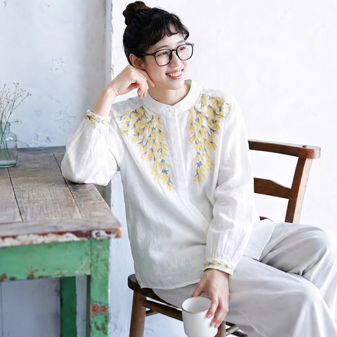 M-2XL 刺繍 花模様 ボタン 長袖 清新 女っぽさが漂う シャツ M ホワイト